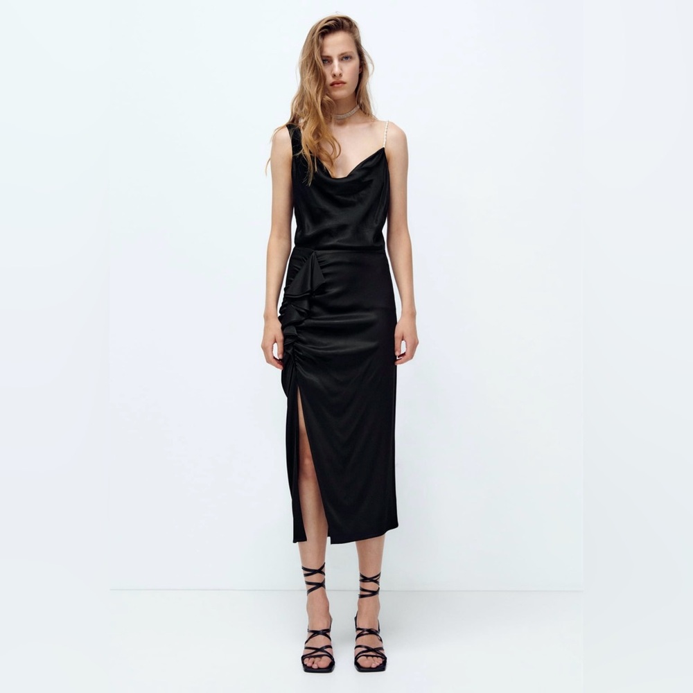 ZARA Black Draped Midi Skirt